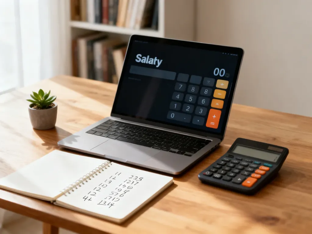 Laptop z kalkulatorem wynagrodzeń na biurku w domowym biurze, obok notatnik z wyliczeniami i kalkulator.
